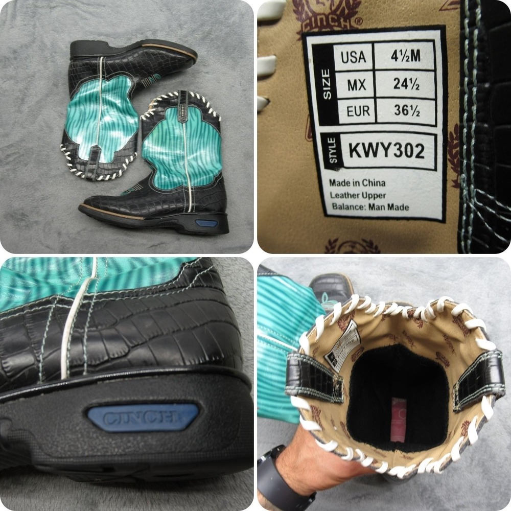 Cinch Cowboy Western Boots Youth 4.5M Turquoise Leather Embossed Square RARE